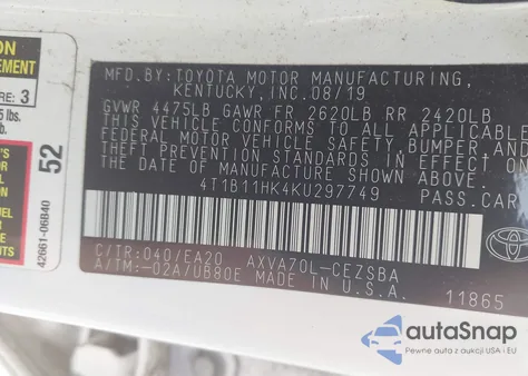 2019 Toyota Camry Se z USA, uszkodzony, nr VIN 4T1B11HK4KU297749
